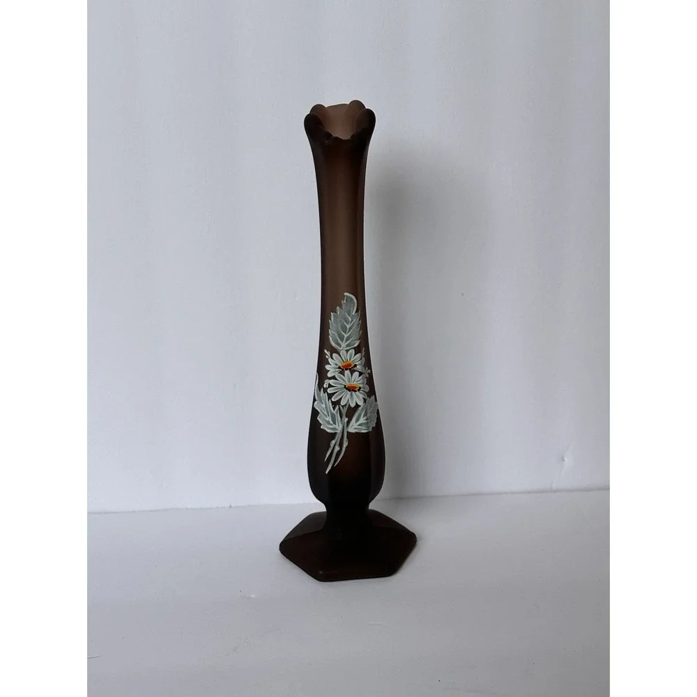 Vintage Westmoreland Brown Satin Glass Hand Painted Floral Bud Vase 10